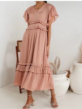 bohme Blush Pink Tiered Ruffle Midi Dress